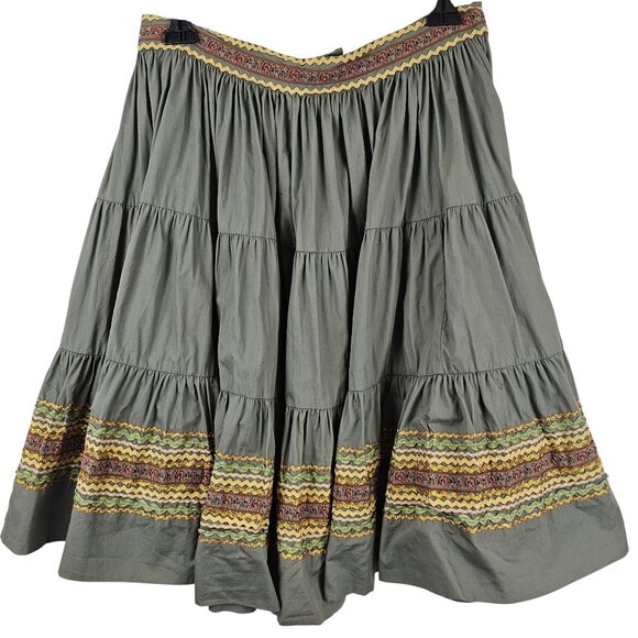 CabinCore Smocked Olive Green Yellow Red Trim Whimsigoth Skirt Betsey Johnson 28 - Picture 1 of 14